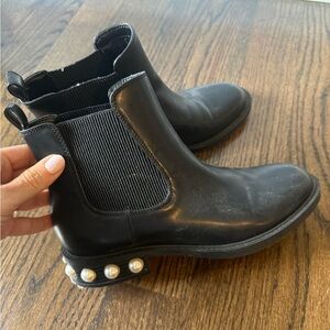Black Chelsea Ankle Boots with Pearl Heel Accent